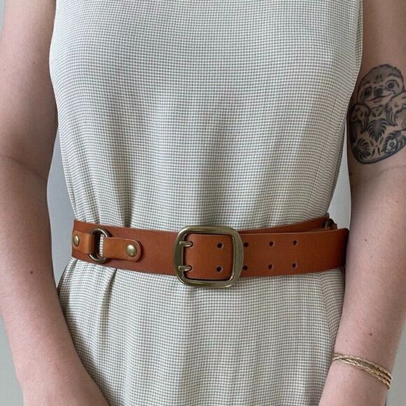 Womens Brown Leather Brass Buckle Minimalist Hippie Modern Equestrian Belt Sz L - Picture 3 of 5